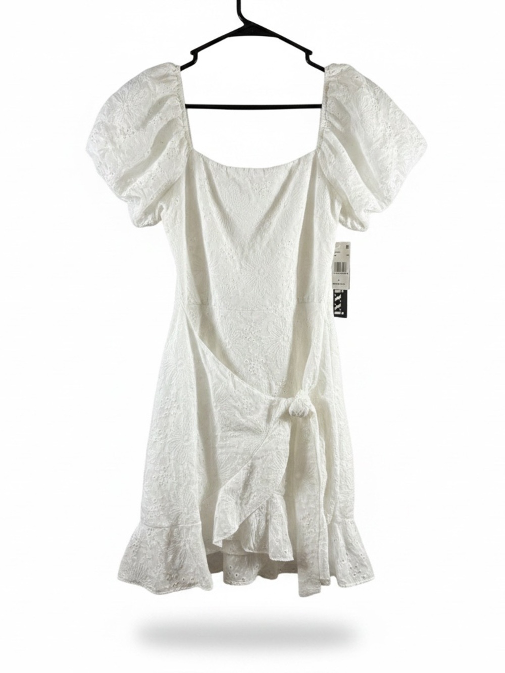 Trixxi White Eyelet Puff Sleeve Tie-Waist Mini Dress